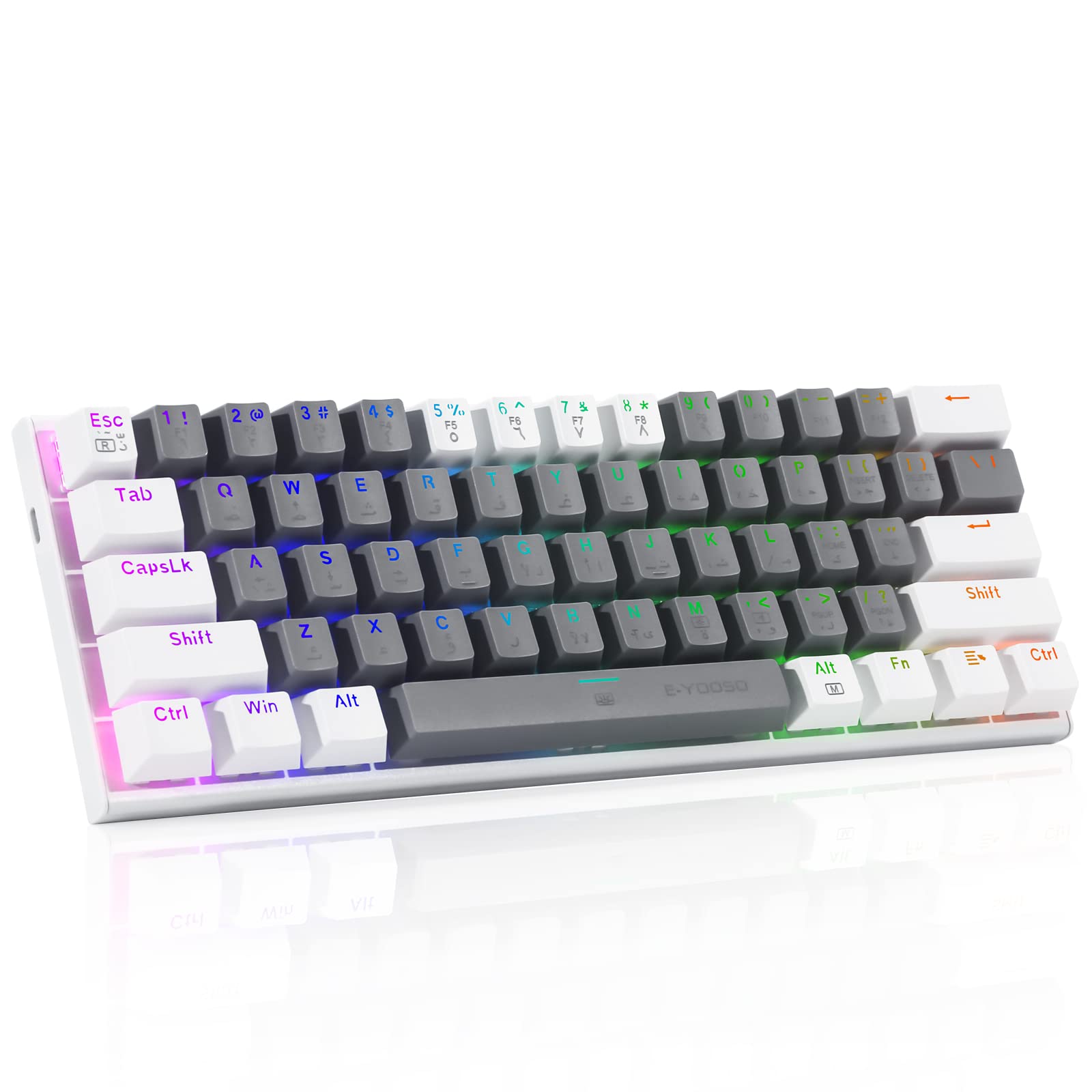 60% Wired Arabic Mechanical Keyboard, E-YOOSO Z-11 Gaming Keyboard with Red Switches and RGB LED Backlit, Portable Gaming Keyboard (Grey/White)
