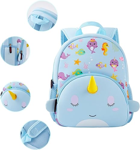 Miniatura 4 de Mochila preescolar de neopreno para niños pequeños, impermeable, mochila de almuerzo para niños y niñas, narwhal azul