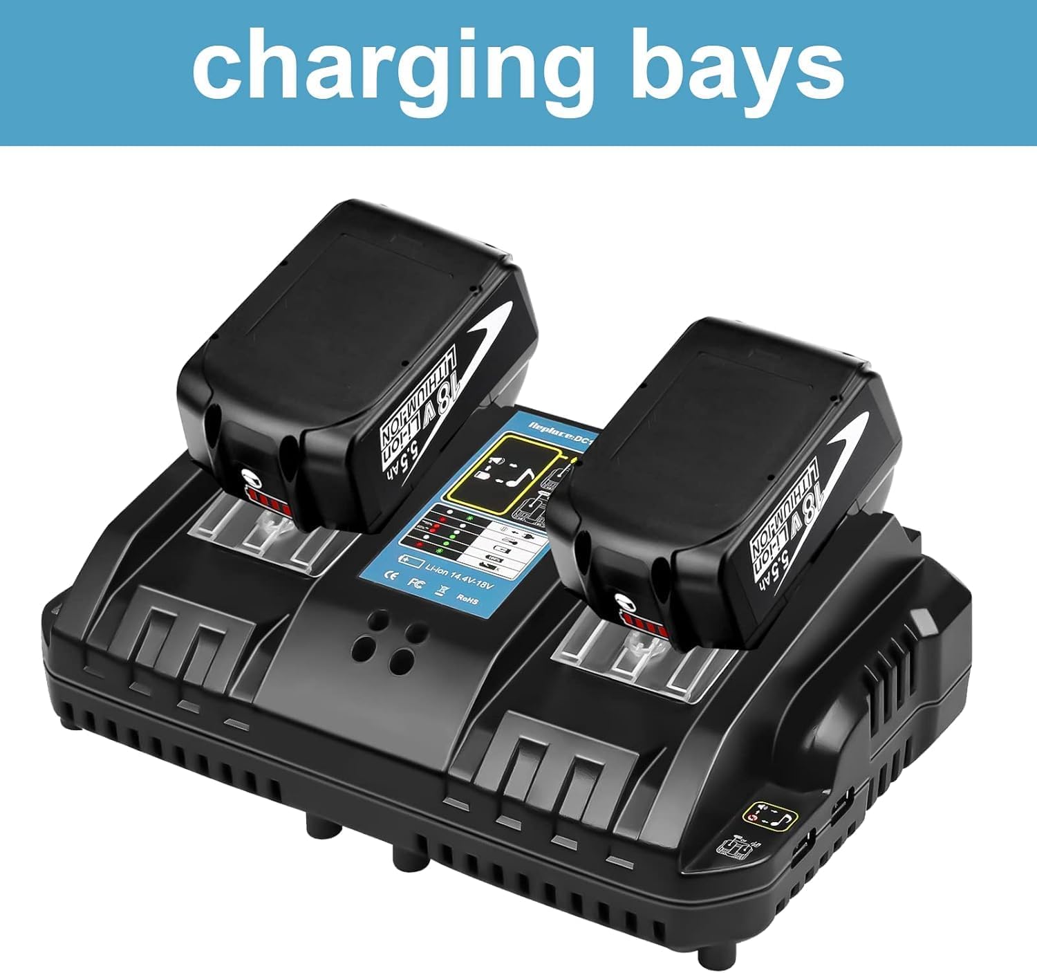 [2 Piezas] Powayup Repuesto para Makita 18V Batería BL1850B + para Makita Cargador 18V DC18RD Cargador de Doble Puerto DC18RD DC18RC para BL1850B BL1830 BL1840 BL1850
