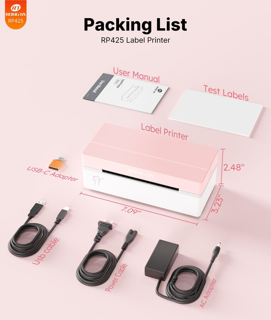 Rongta 4x6 Bluetooth Thermal Label Printer, Wireless Shipping Label Printers for Shipping Packages Small Business Office or Home, Compatible with iPhone Android iPad macOS Windows, Pink