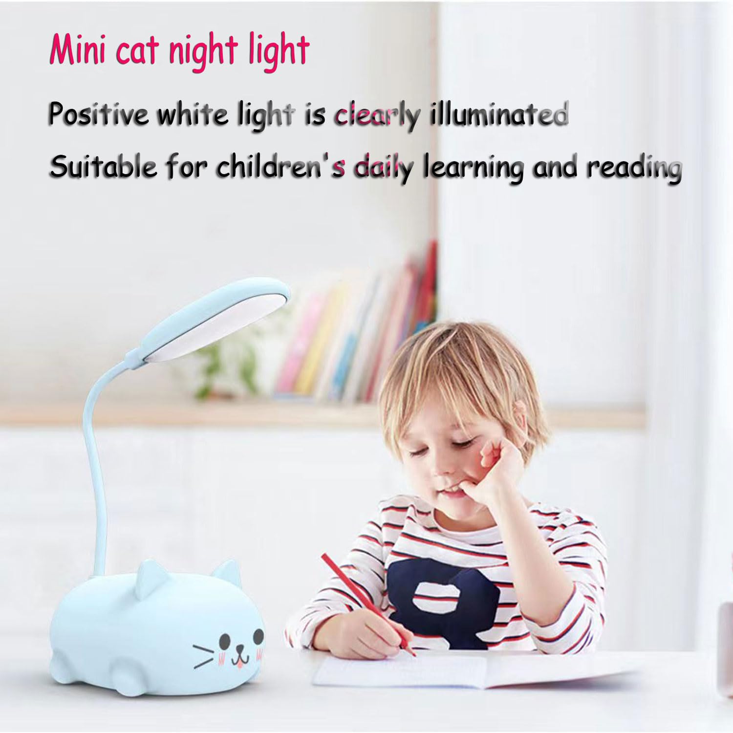 Mini luz nocturna de gato, lámpara de escritorio LED para niños, lindo gato, plegable, recargable por USB, luz de lectura para dormitorio, mesita de noche para niños, estudio (azul)
