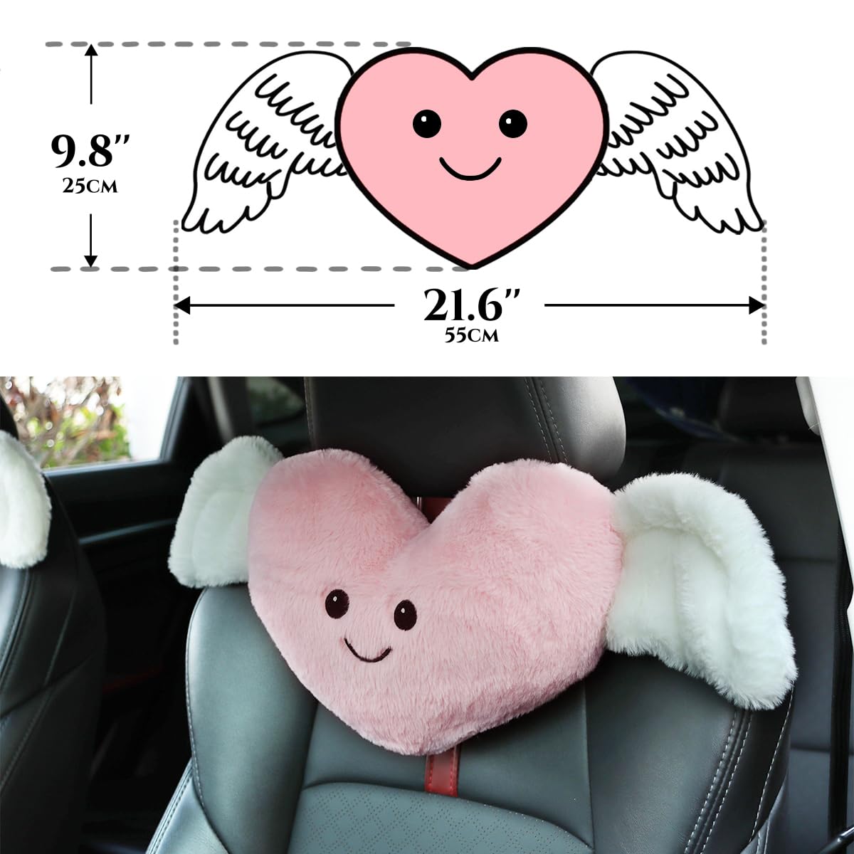 Sexysamba 2 Pcs Heart Shaped Car Headrest Pillow Devil & Angel Wings Neck Pillow Cute Car Seat Decor Neck Support Cushions for Travel Sleeping, Driving, Home, Office, Black Devil: Pink Angel Heart Shaped