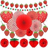 22 Pcs Strawberry Party Decorations Include Strawberry Honeycomb Balls Strawberry Garland Hanging Swirl Paper Tissue Pom Poms Fans Lantern Strawberry Theme Decorations for Birthday Party Supplies