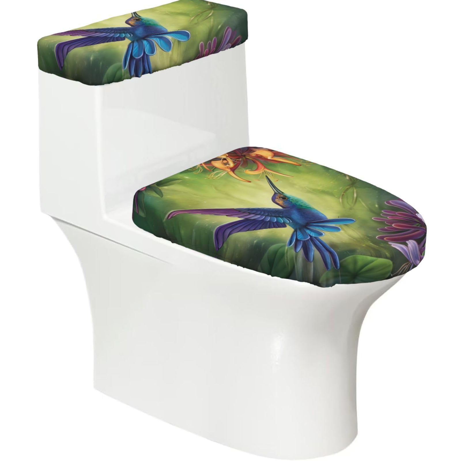 Hummingbird 2-Piece Toilet Seat Cover Set with Tank Lid - Elastic for U-Shape & Elongated - Bathroom Decor