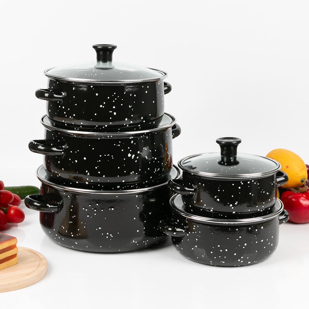 Herzberg HG04128, Juego de 10 Piezas de Ollas y Cazuelas con Tapas de Vidrio, Esmalte Negro, Mangos Cómodos, Tamaños Versátiles (16-24CM), Durabilidad Superior, Fácil de Limpiar