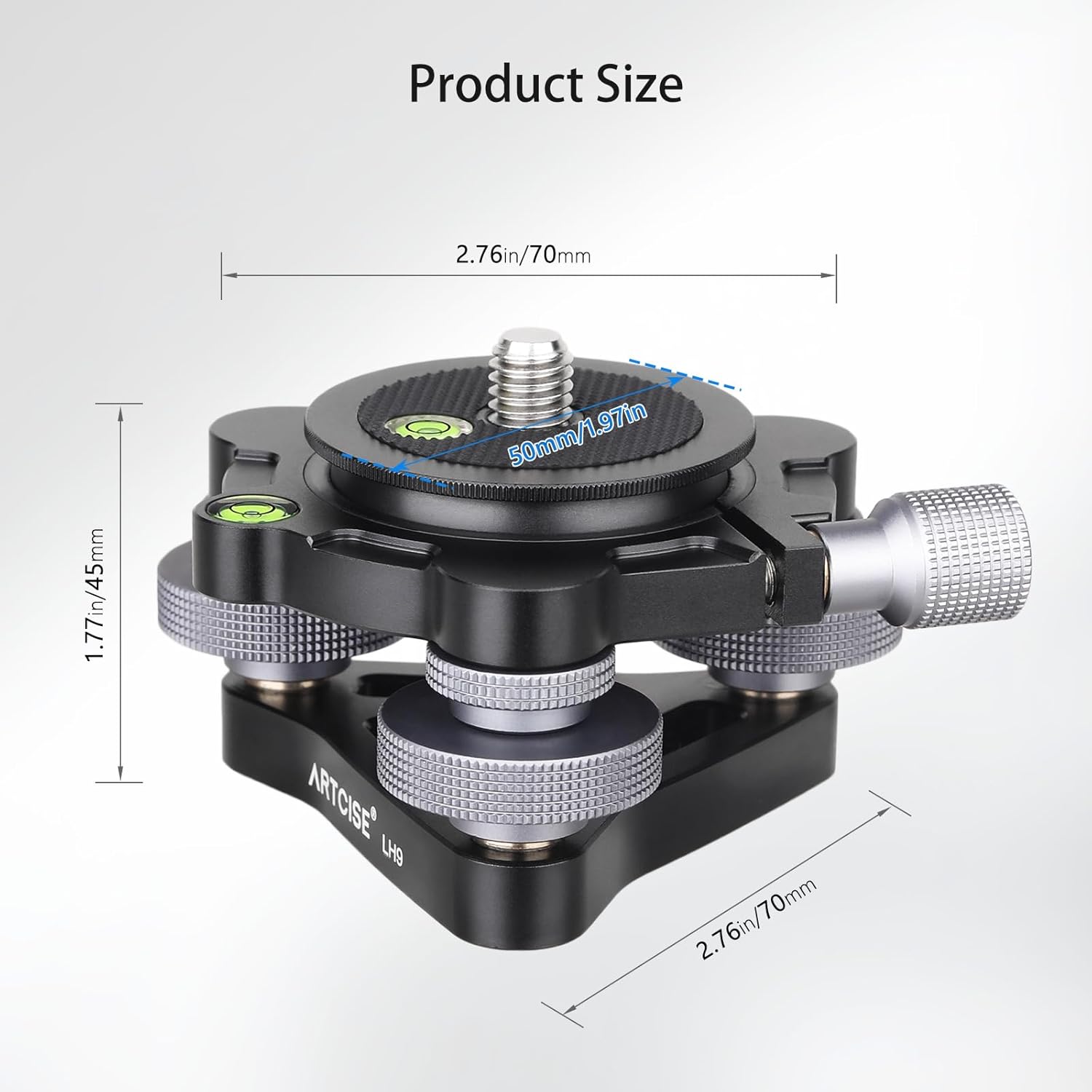 ARTCISE Diameter∅70mm Tripod Leveling Base Camera Leveler, Aluminum Adjusting Tripod Head Plate with -15°/+15° Tilt, with 3 Bubble Levels and 3 Wheel +/-5 Degree Precision Adjustment，Max Load 22lbs