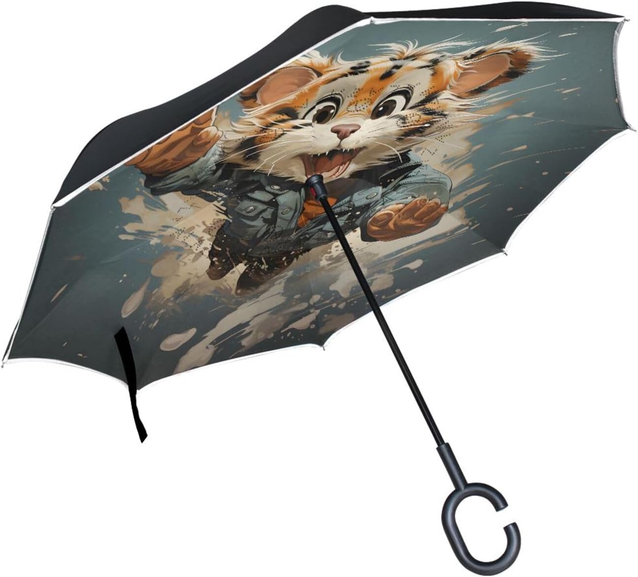 Cute Cartoon Tiger Inverted Umbrellas for Rain Windproof Reverse Upside Down Golf Umbrella with C-shape Handle for Men Women
