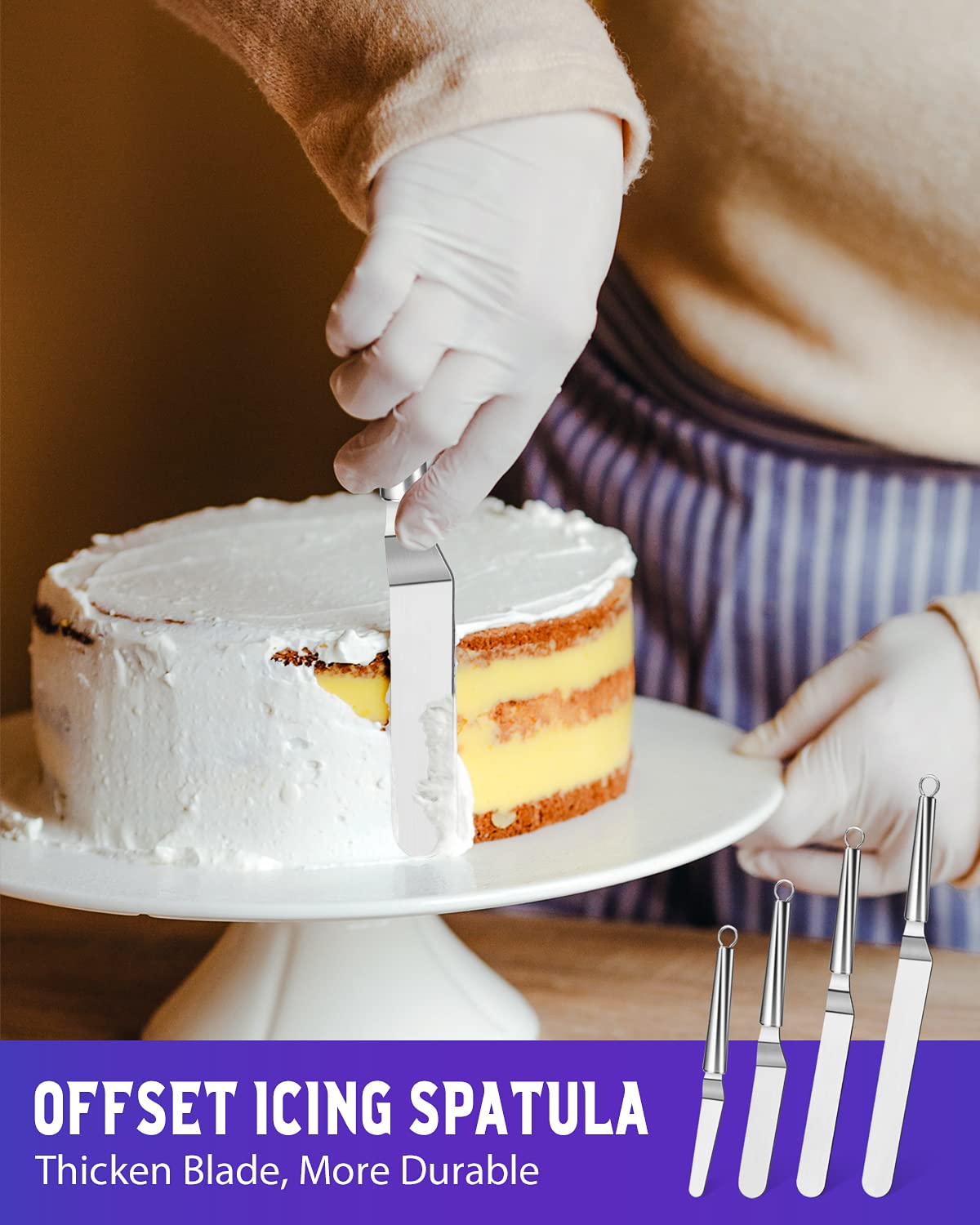 Espátula de glaseado compensada, juego de espátulas en ángulo para tartas con cuchillas de 4, 6, 8 y 10 pulgadas, mango de acero inoxidable adecuado para el hogar, cocina o panadería 2