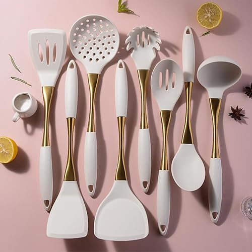 Miniatura 6 de 8 utensilios de cocina de silicona con mango dorado fuerte, esenciales de cocina de goma para el hogar y apartamento, espátula de silicona para