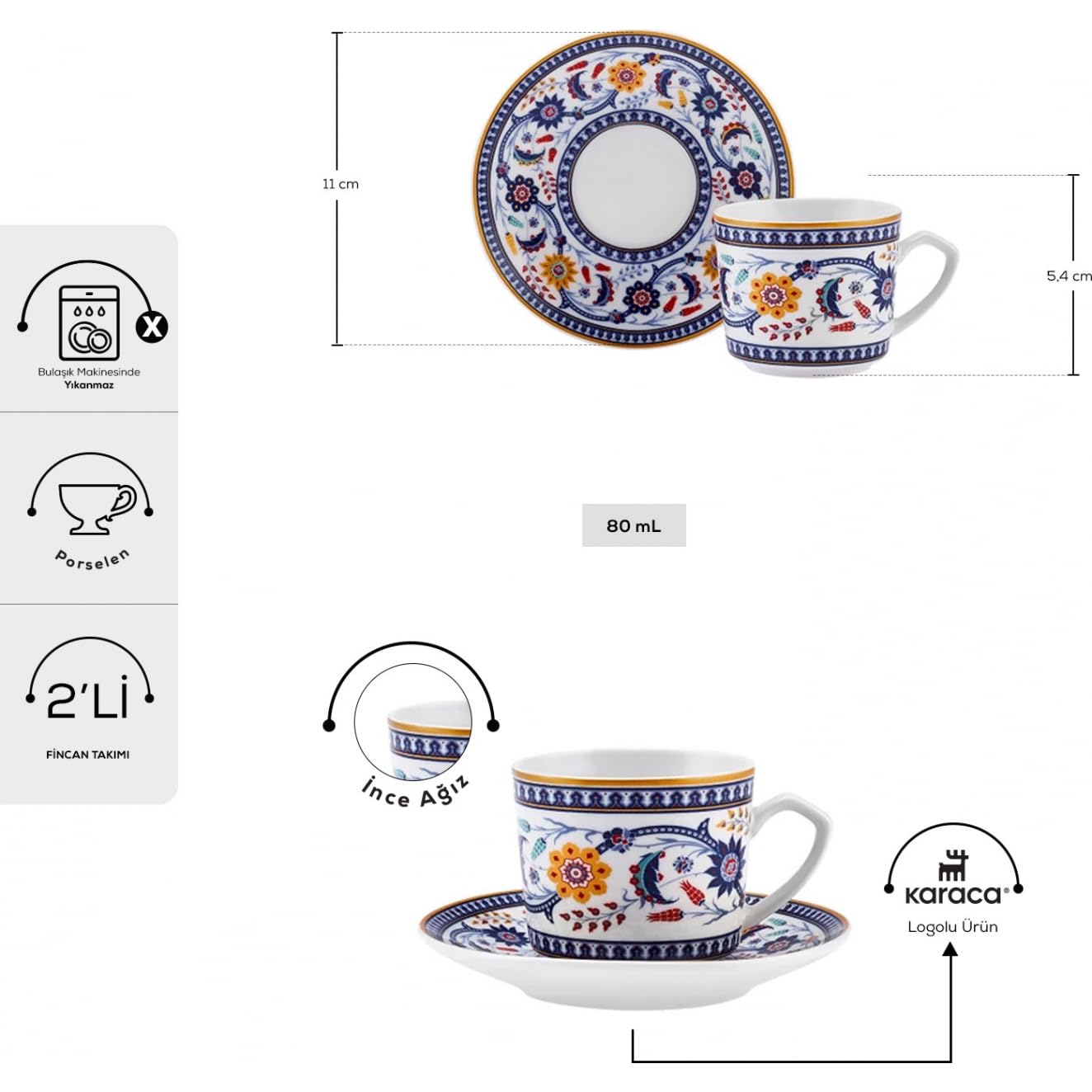 Karaca Linden 2 Personen Kaffeetassen Set 80 ml, Kaffe Becher, Coffee Tassen