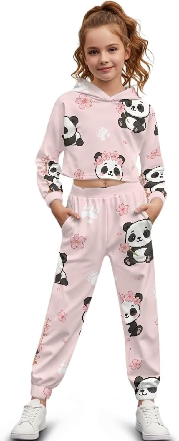 Girls Outfit Set Crop Top Hoodie and Jogger Pants Polyester Long Sleeve Athletic Outfit for Kids Wear(4-13Y)