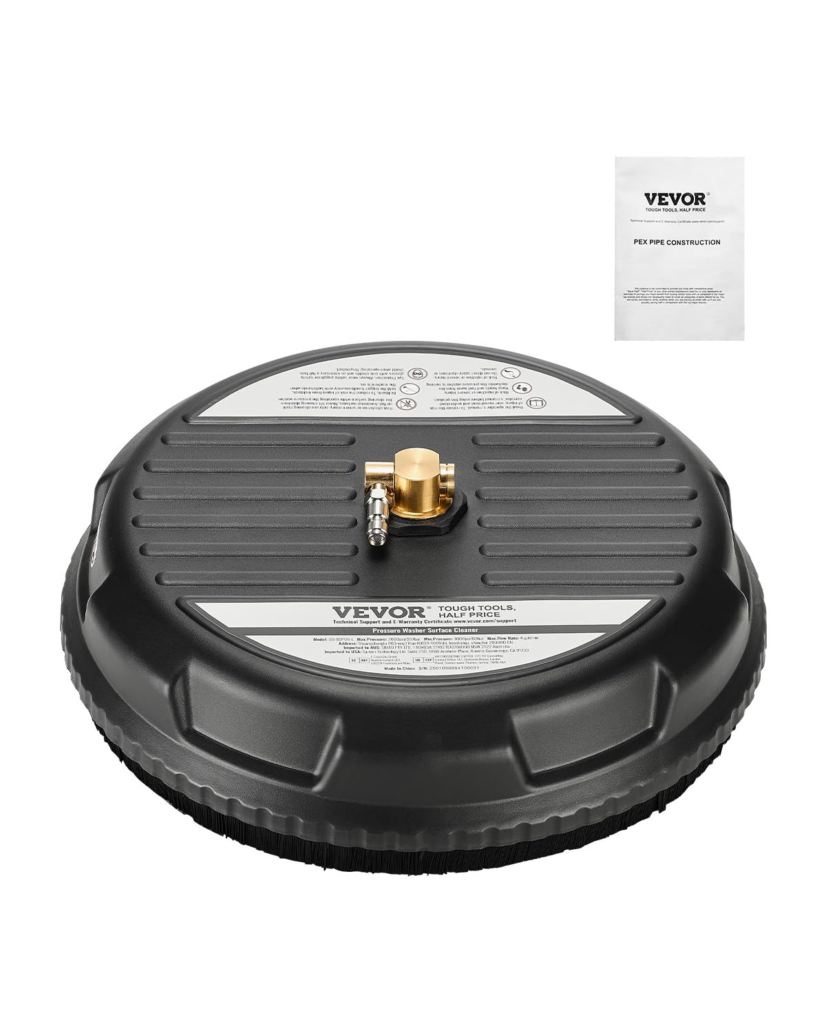 VEVOR Nettoyeur de Surface pour Nettoyeur Haute Pression 385 mm, Accessoire Nettoyeur Sol en Plastique sur Roues, 206 Bar Max. connecteur 0,635 cm 2 Buses de pulvérisation pour béton, Trottoir, Noir