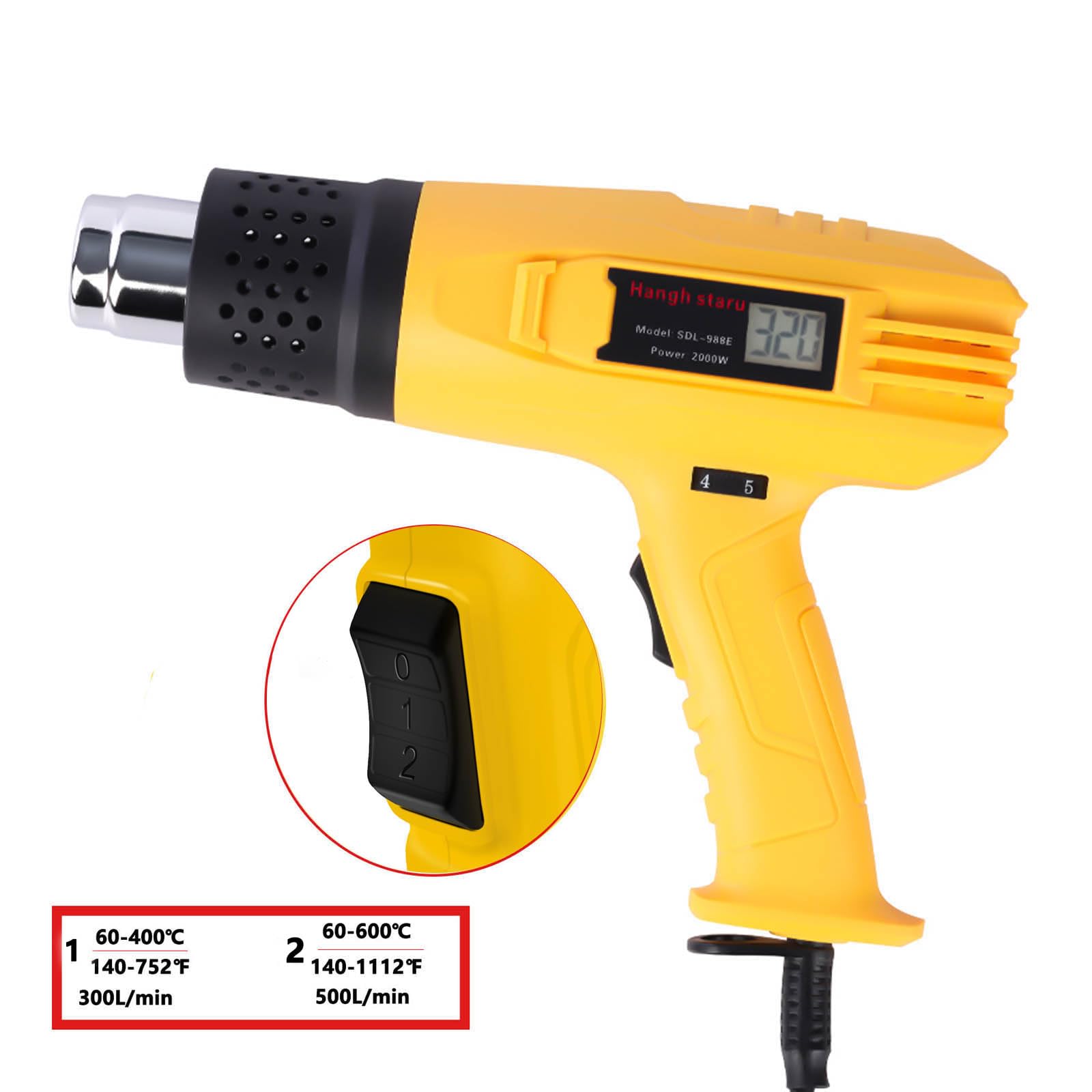 Kit Pistola ad Aria Calda Digital 2000W, Temp. Variabile 140℉-1112℉ (60-600℃), Elemento Calefattore in Ceramica, 4 Ugelli, Protezione Surriscaldamento, Riscaldamento/Riparazione/Ristringimento