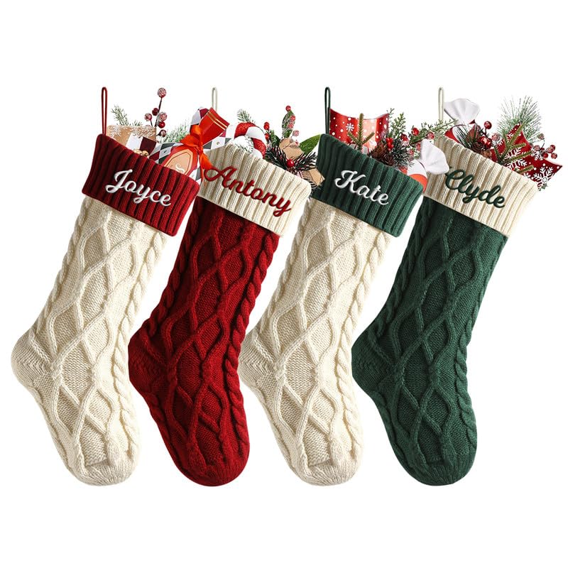 Heflashor Personalized Christmas Stockings, 18” Large Custom Xmas Knit Stocking with Embroidered Name and icon for Family Holiday Christmas Party Fireplace Decoration,Double Diamond Knitted,4 — image 1