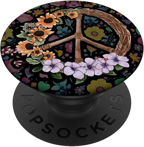 Letrero de la paz de flores vintage  Retro de los 70 hippies Art Gift  PopSockets Grip y soporte para teléfonos y tabletas, Negro