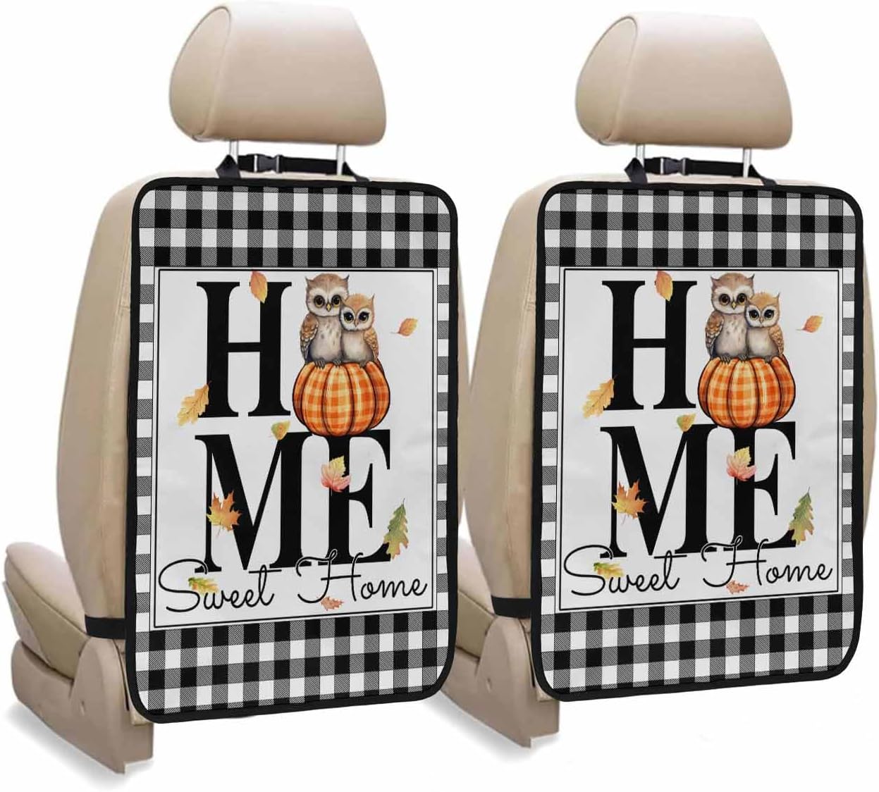 Car Seat Protector, 2 Pack Kick Mats Back Seat Protector Owls Pumpkin Solid White Background Black White Checkered Edge Waterproof Backseat Cover for Kids Universal Fit Automotive Interior Protectors