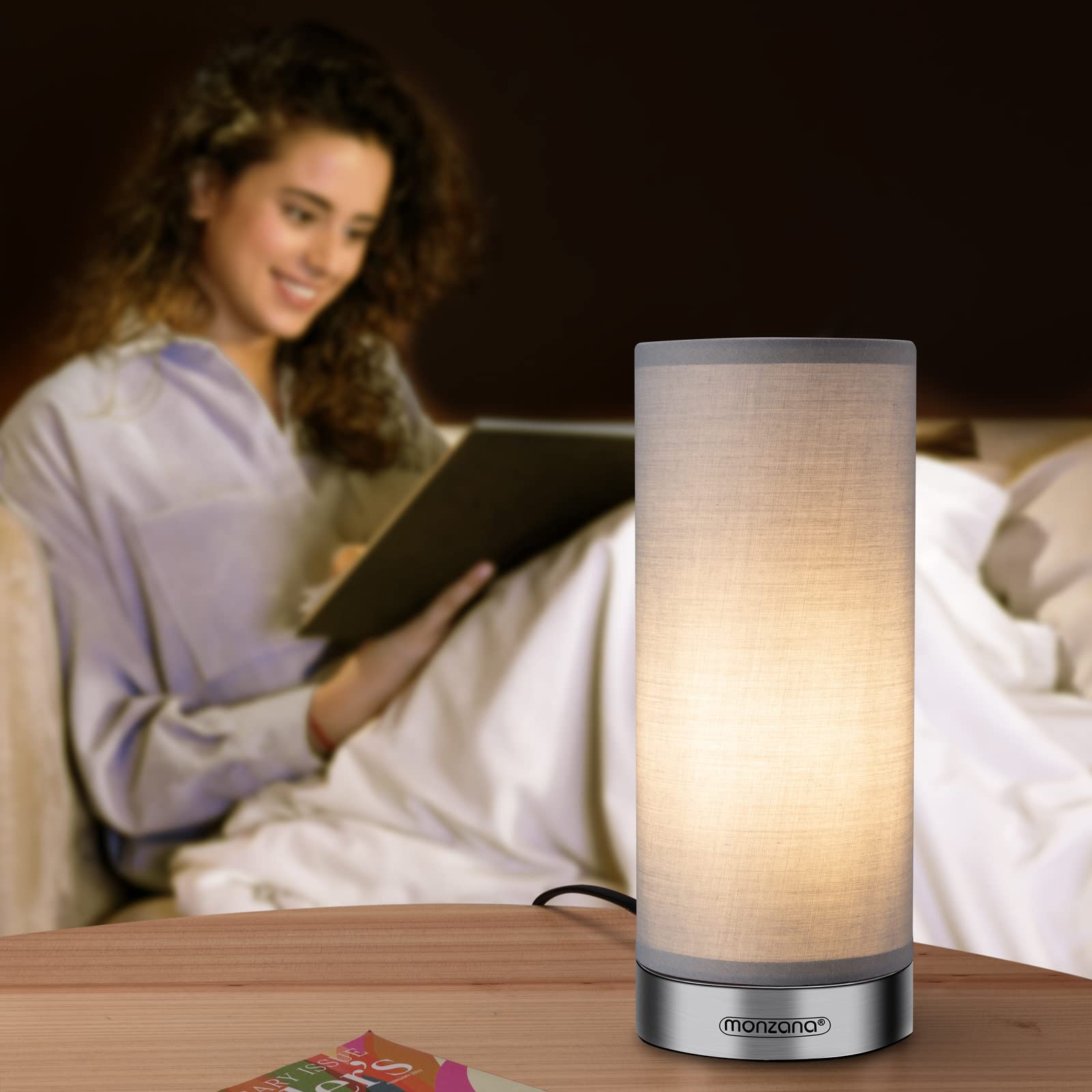 Monzana 2x Lámparas de Mesita de Noche LED Táctil Dormitorio Escritorio E14 Atenuable Níquel Satinado Gris