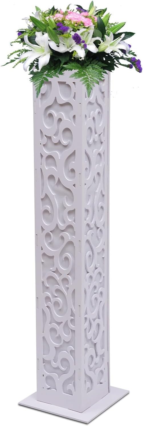 8pc Wedding Column Decor Set - 47" White Carved PVC Pillars with LED Lights, Hollow Floral Stands for Weddings, Parties - Includes 8 Cloud-Patterned Columns & Lights