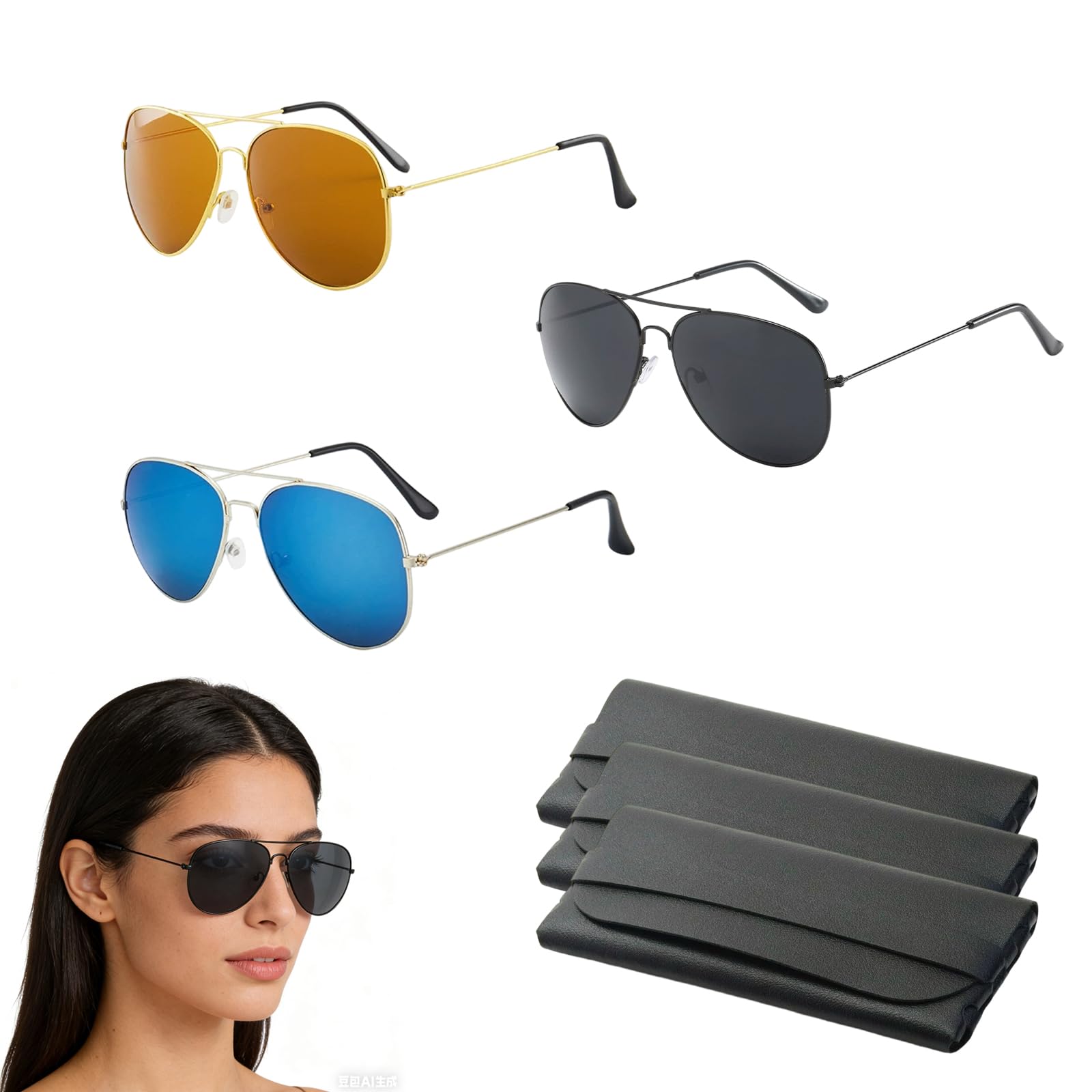 Gafas de Sol Aviador Polarizadas, Pack de 3 con Estuche, Protección UV, Montura Metálica Ligera para Hombre y Mujer, Diseño Clásico Negro