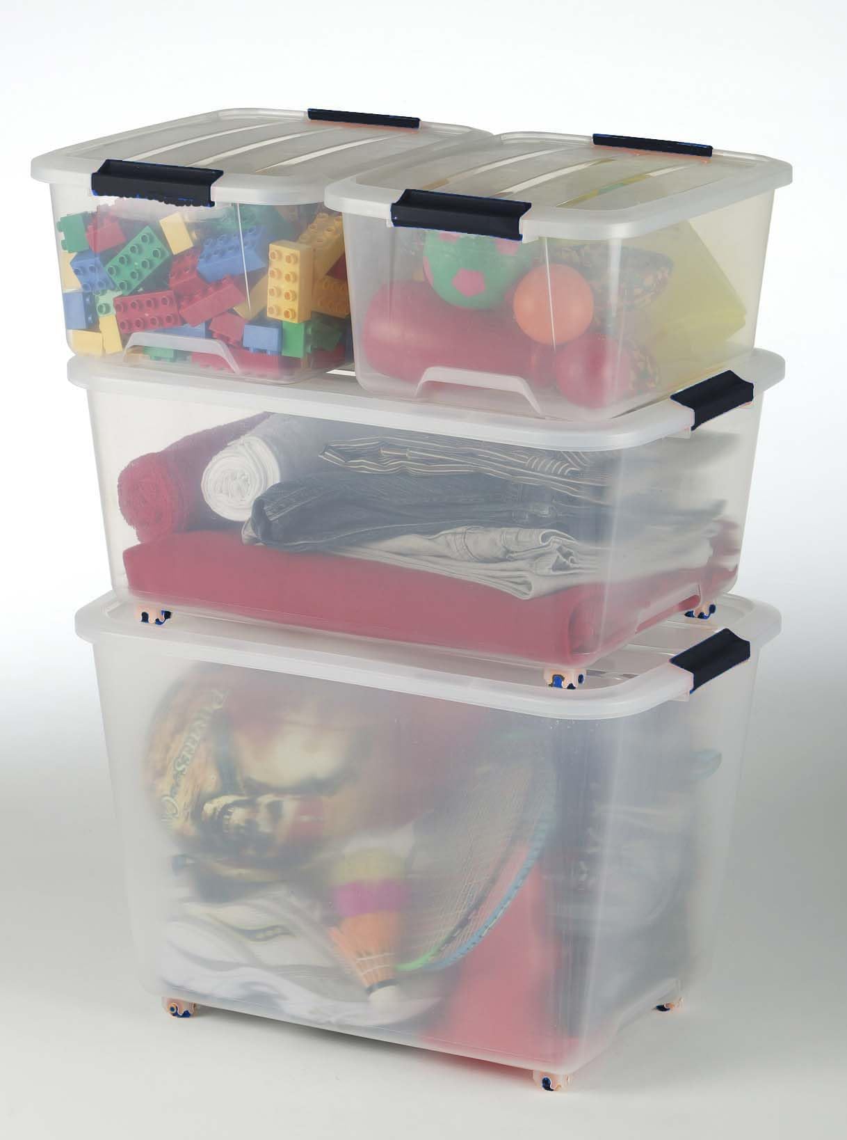 Iris Ohyama, Aufbewahrungsbox aus Kunststoff, 60 l Büro-Aufbewahrungsbox, 4er-Set, TBR-60, transparent, stapelbar, Verschlussclips, B39 x T57 x H38 cm