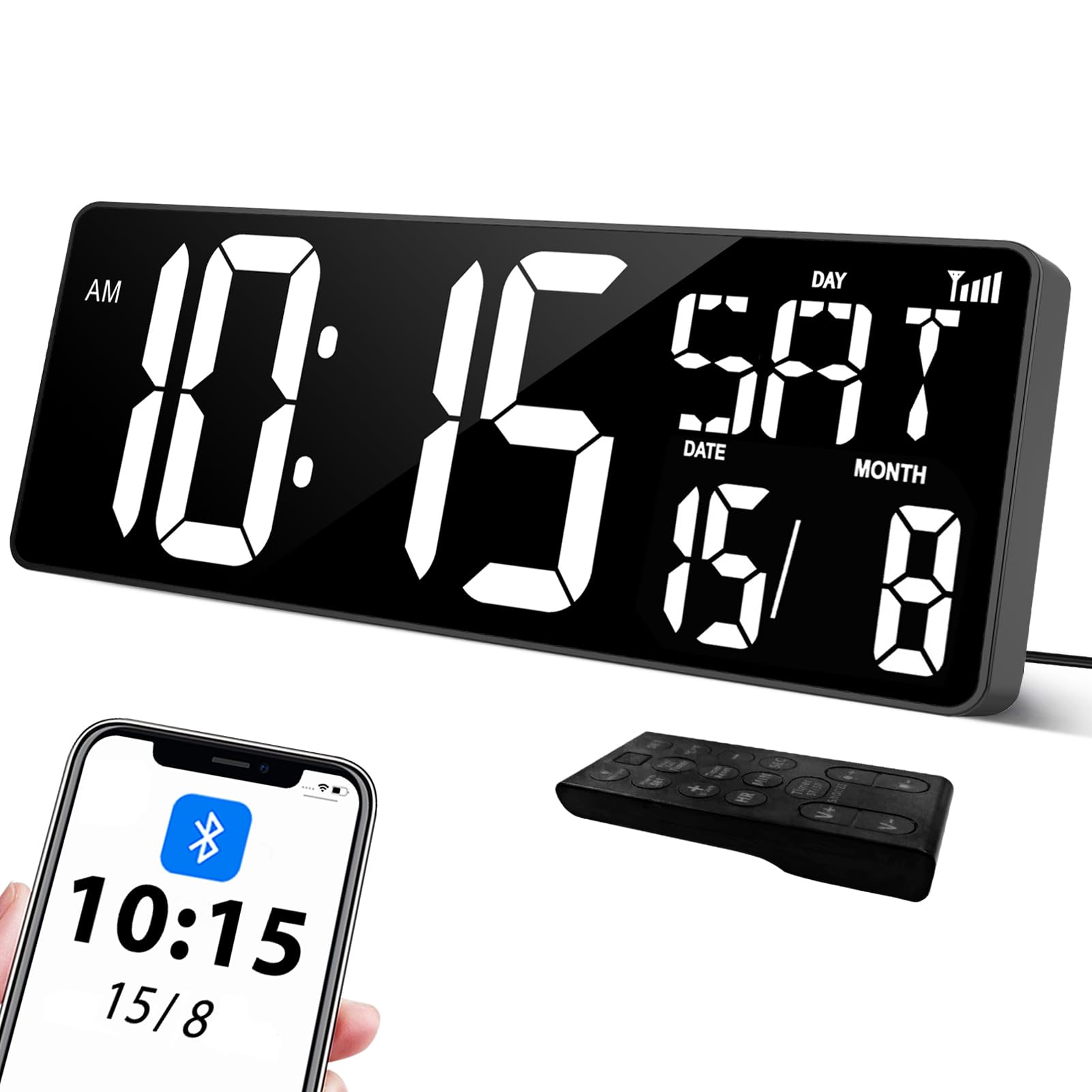 XREXS Orologio Parete 17'' LED Bianco Sincronizzazione Bluetooth | Luminosità regolabile, mostra ora, data e temperatura, calibrazione automatica, multifunzione per soggiorno e ufficio