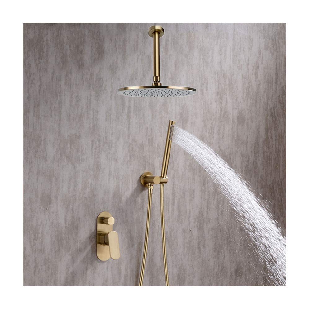 doccia Miscelatore per doccia con miscelatore a soffitto in oro spazzolato Set doccia multifunzione in ottone con maniglia singola Set combinato con soffione a pioggia rotondo, doccia a mano,