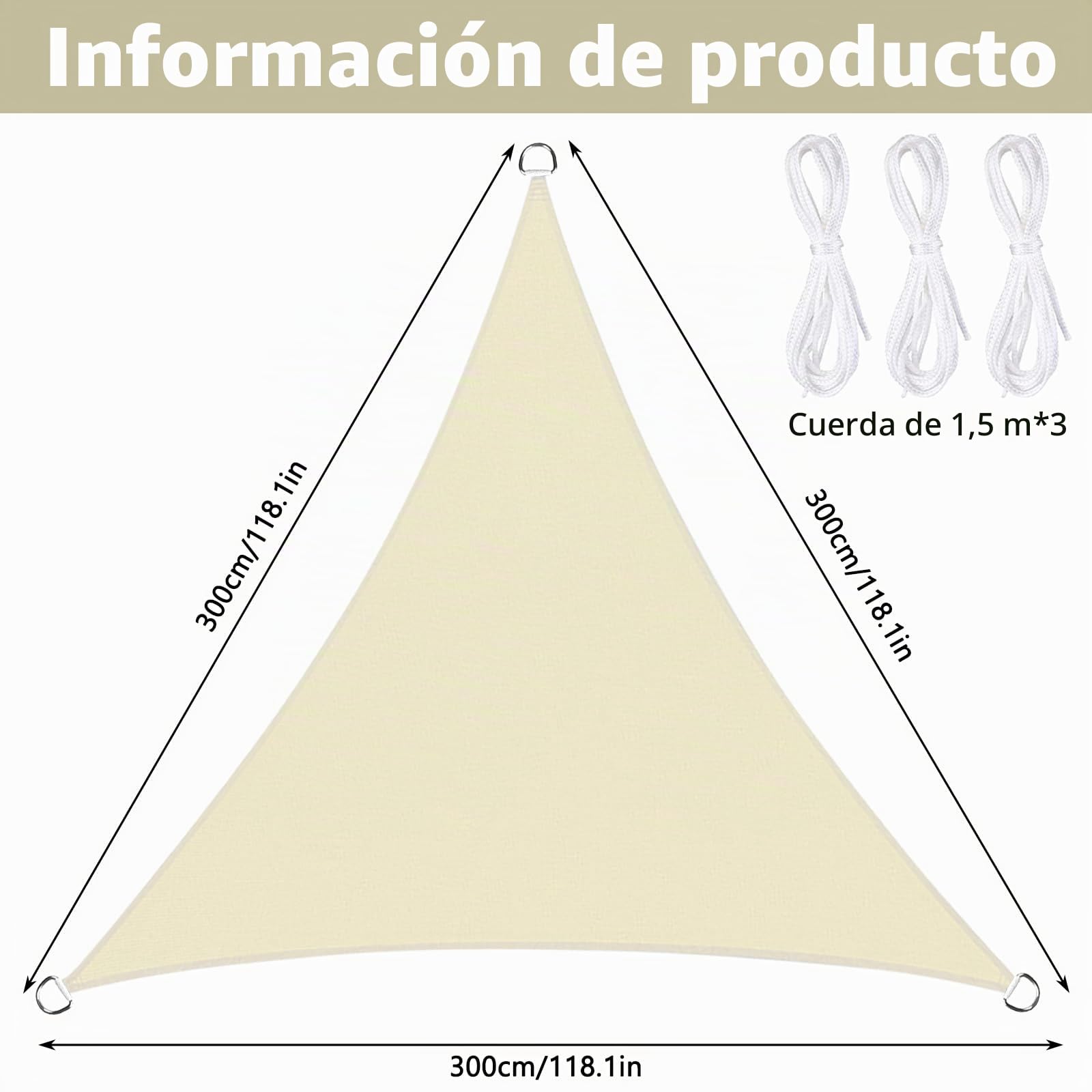 Vela de sombra triangular 3 x 3 x 3 m, cubierta impermeable y resistente a los rayos UV, vela de sombra para jardín al aire libre con cuerda, color crema