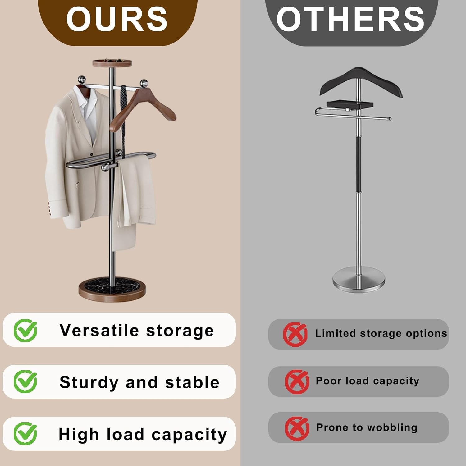 Suit Valet Stands for Women and Men, Solid Wood Freestanding Suit Rack Organizer with Top Tray, Stable Base for Bedroom, Entryway Home, Living Room, Office