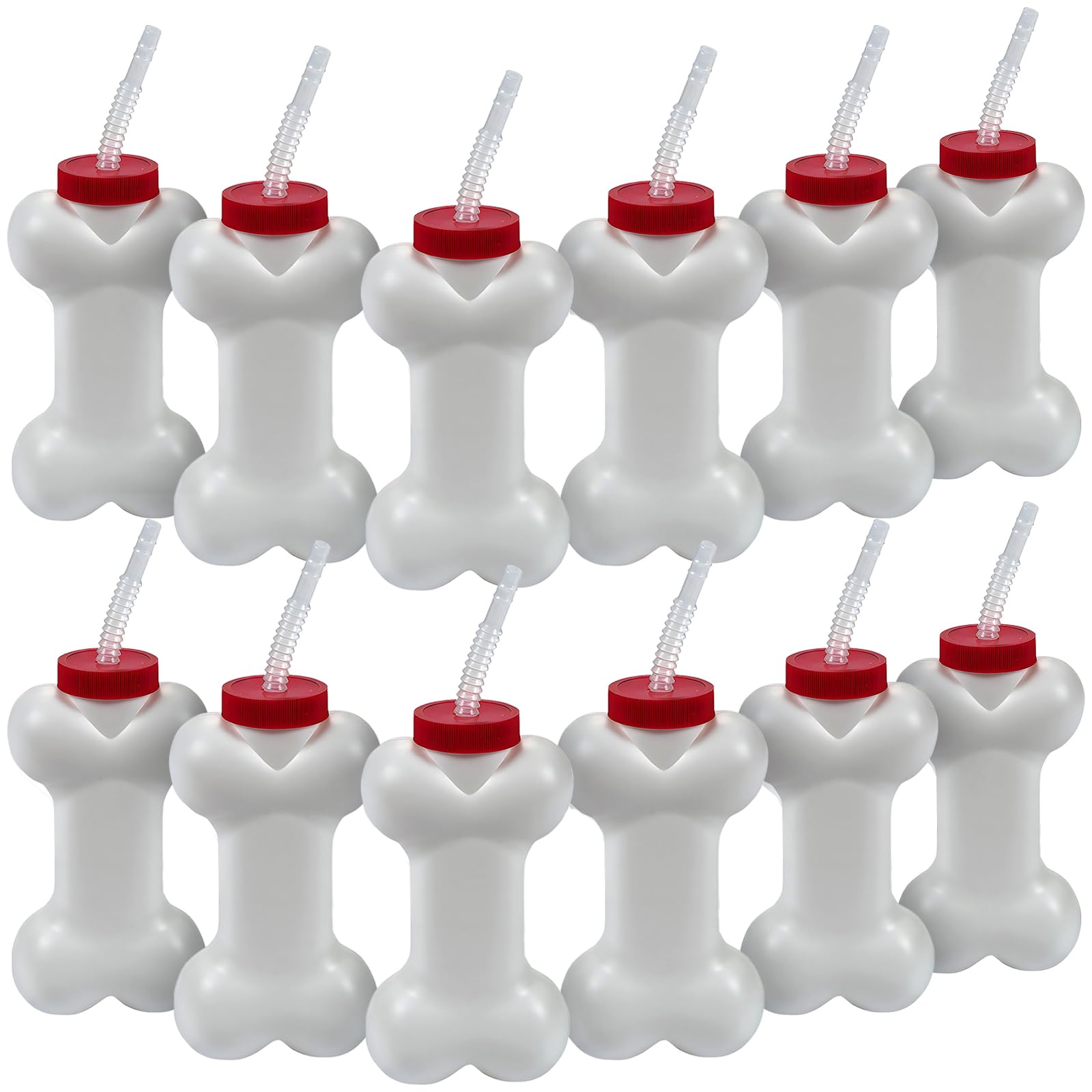 Fun Express 12 Count Dog Bone Cups with 7.5 inch Straws - 14 oz Bone-Shaped Cups - Puppy Dog Birthday Party Supplies and Favors