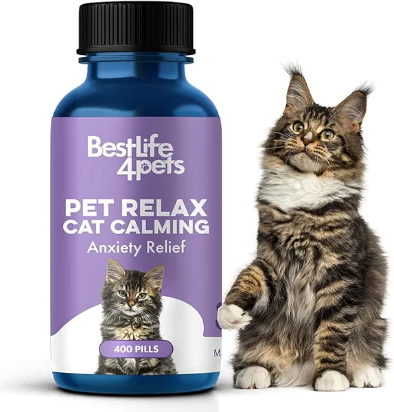 Pet Relax Cat Calming Anxiety Relief, Natural Calming Care for Cats, Cat Stress and Anxiety Relief, Soothes Separation Anxiousness, Homeopathic Feline Aid for Travel, 400 Odorless, Tasteless Pills