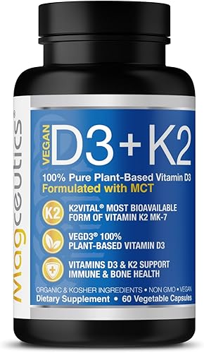 Magceutics Vitamina D3 K2 con MCT, 5000 UI Vegan D3 y 100 mcg MK7 K2, apoya huesos fuertes y salud inmunológica, 60 cápsulas (suministro para 60