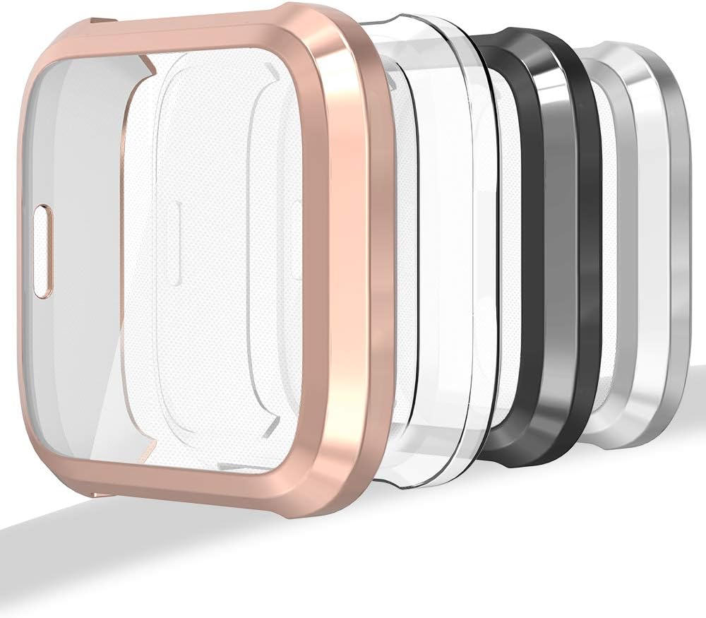 [4-Pack Screen Protector Case Compatible with Fit bit Versa Lite Edition Smartwatch, Ultra Slim Soft Full Cover Case (NOT Replacement for Fit bit Versa) - Clear, Black, Silver, Rose Gold
