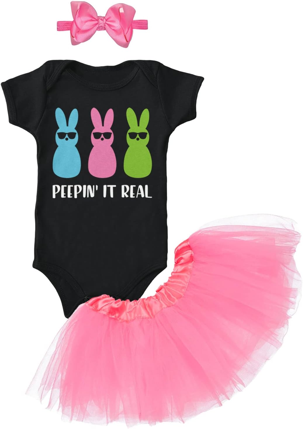 Haase Unlimited Peepin' It Real - Easter Bunnies Baby Bodysuit + Tutu Skirt + Bow Headband Set