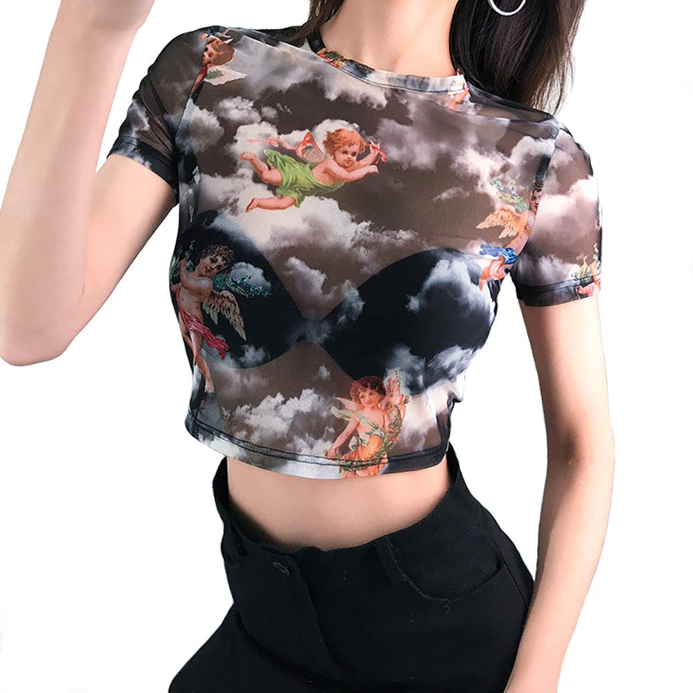 maliannaWomen Printed Mesh Perspective T-Shirt Transparent Bodycon Long Sleeve Crop Tees