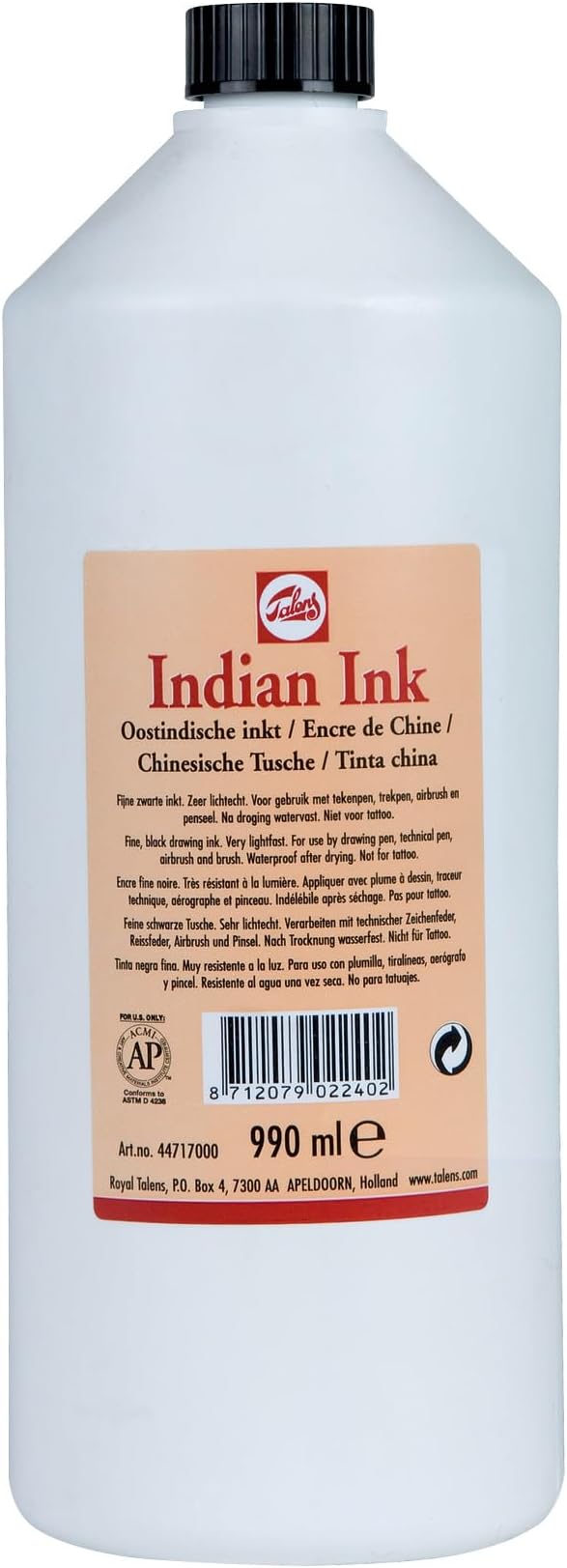 Talens Indian Ink Bottle 990 ml Black 700 - Fast-Drying Waterproof Ideal for Dip Pens, Air Brushes, Ruling Pens