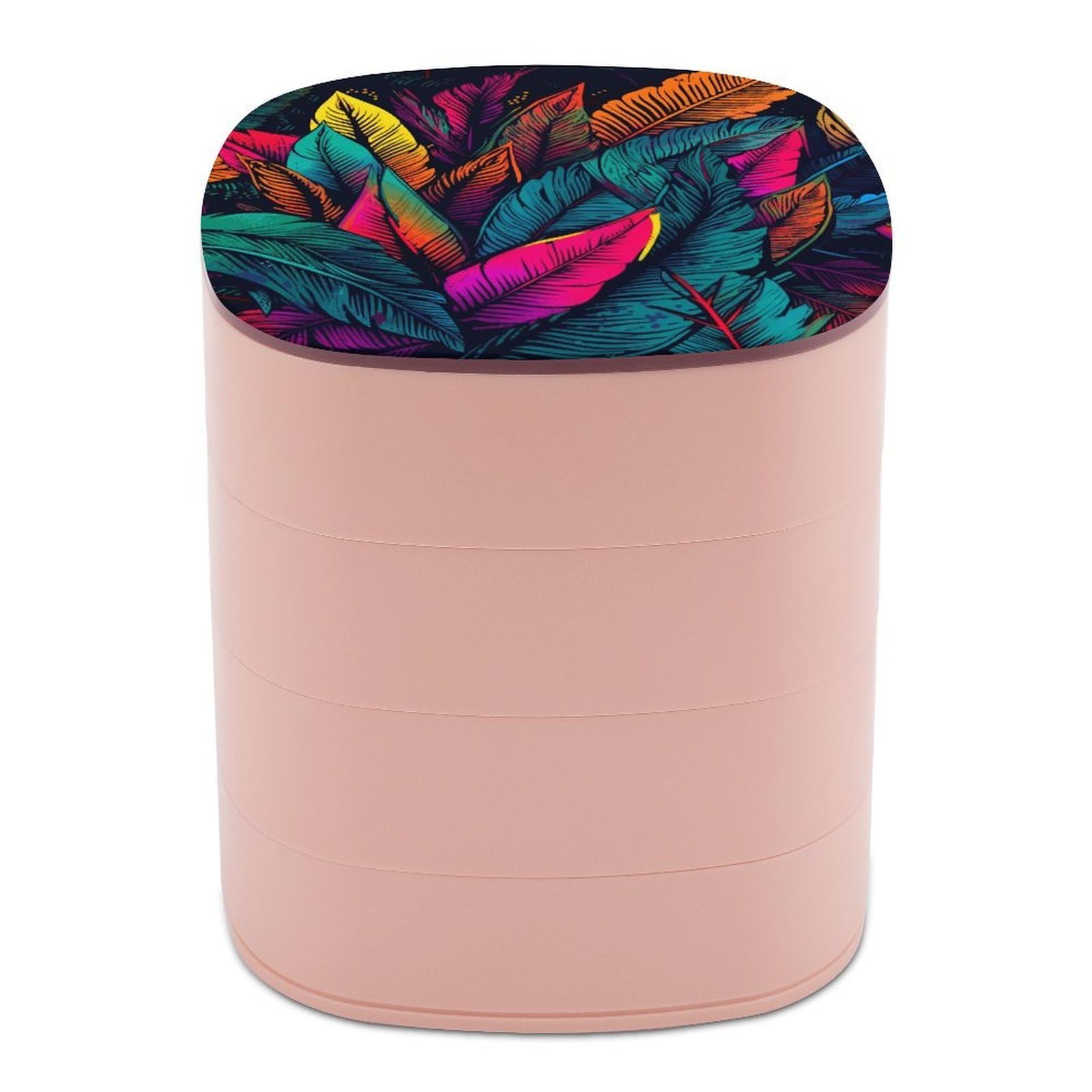 VstaDank Colorful Tropical Leaves Pattern Jewelry Organizer Small Travel Earring Storage Box with Mirror 4-Layer Rotating Travel Jewelry Tray Case with Lid Large Capacity Jewellery Holder Case