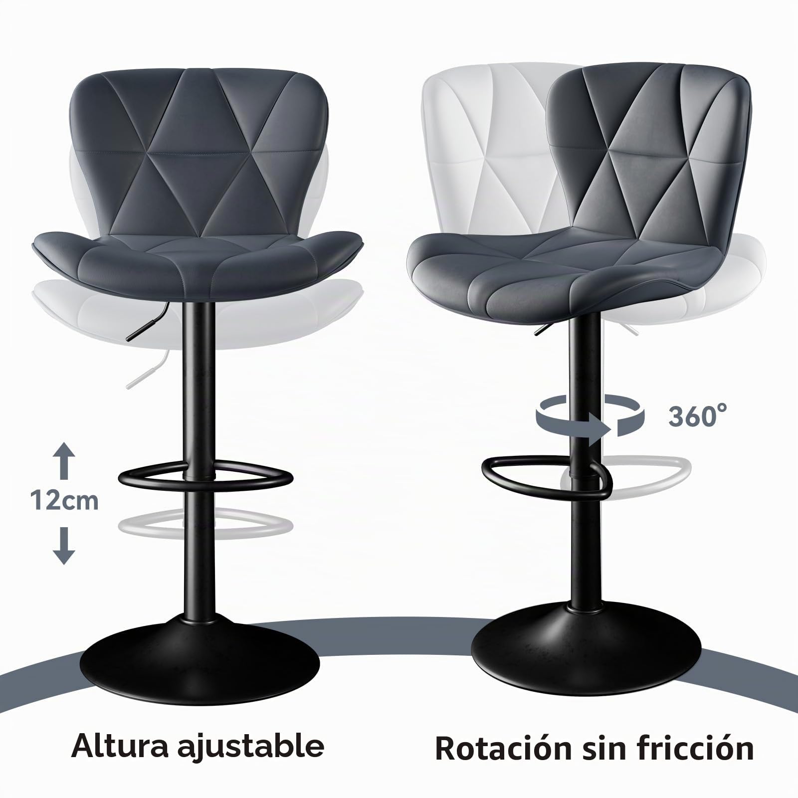 Hawthyhome Taburetes de Bar Juego de 2 | con Respaldo, Altura Regulable, Giro 360°, Cuero sintético, para Comedor, Bar en casa o Isla de Cocina, Color Gris Oscuro