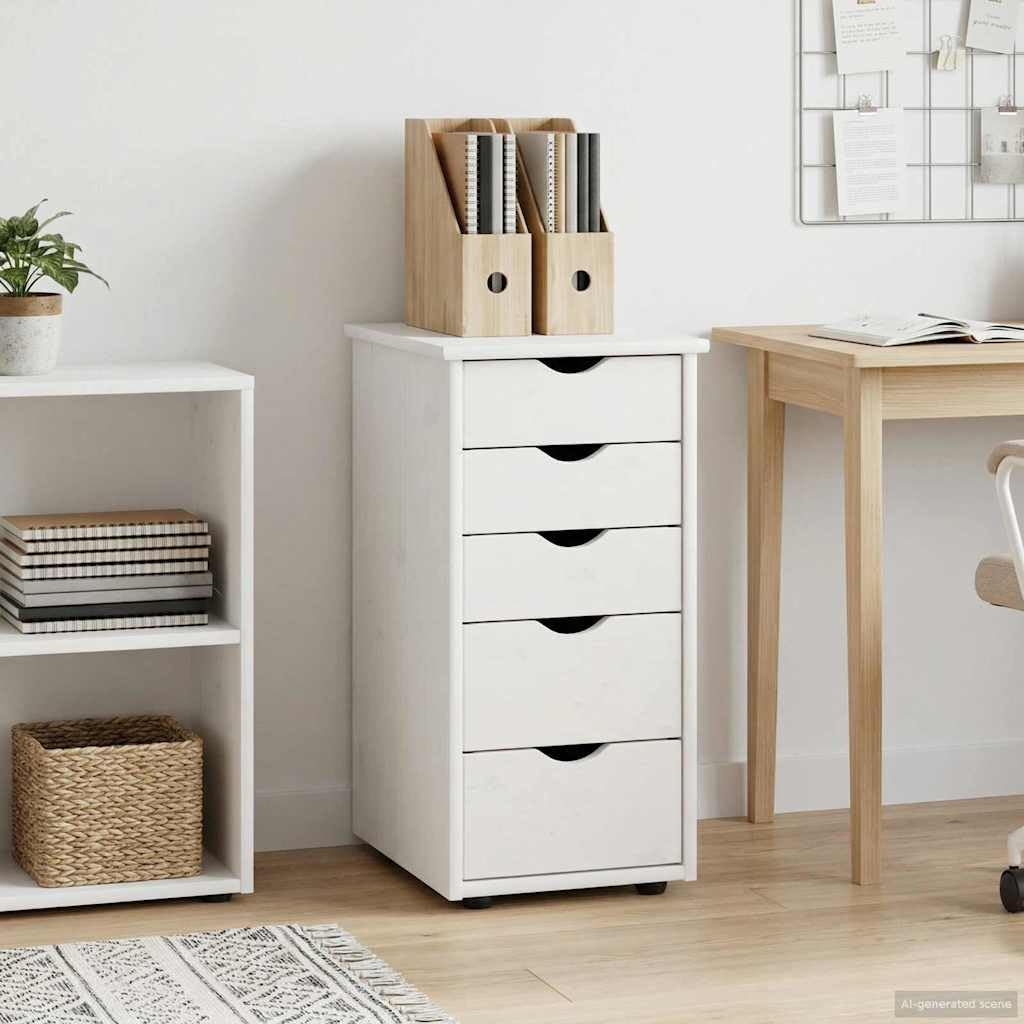 Schrank Weiß aus Massivholz Kiefer 34 x 39 x 61,5 cm mit 5 Schubladen, Aufbewahrungsschrank für Wohnzimmer Schlafzimmer und Büro, Flexibler Mehrzweckschrank mit Stauraum und Rollen