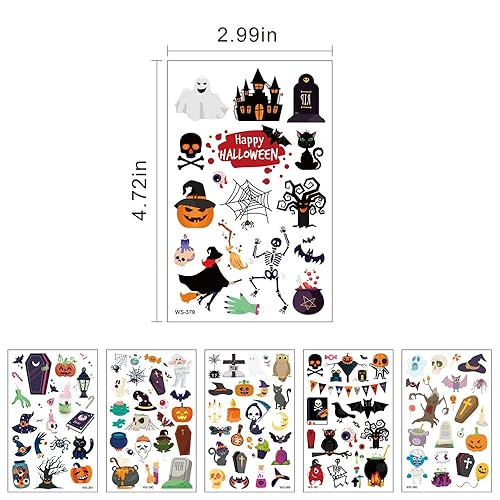 Miniatura 6 de Tatuaje temporal de dibujos animados para niños, 20 hojas de 360 tipos de lindos fantasmas, calabaza, brujas, murciélagos, telaraña, calcomanías de