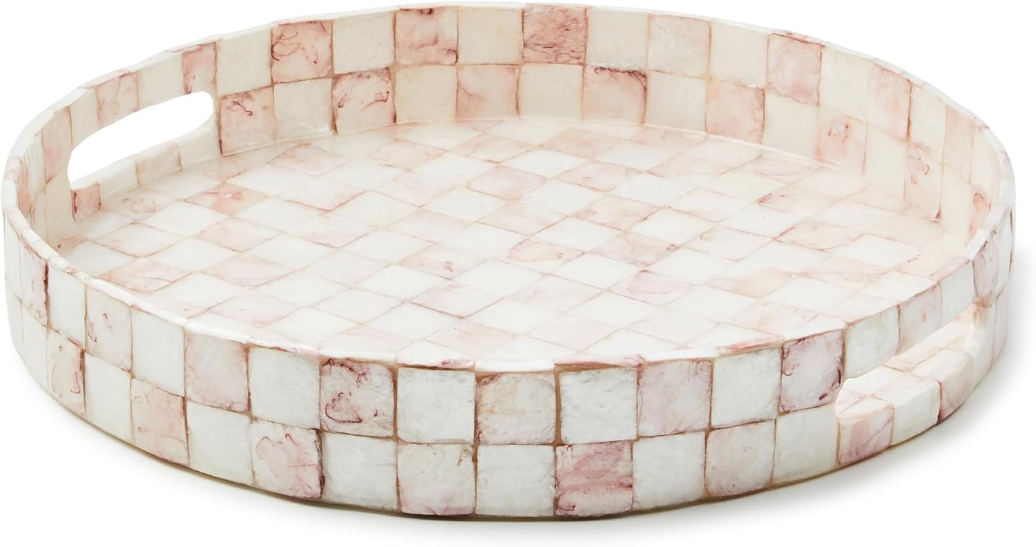 MACKENZIE-CHILDS Capiz Round Tray, Unique Serving Platter for Food and Drinks, Pink-and-White Rosy Check