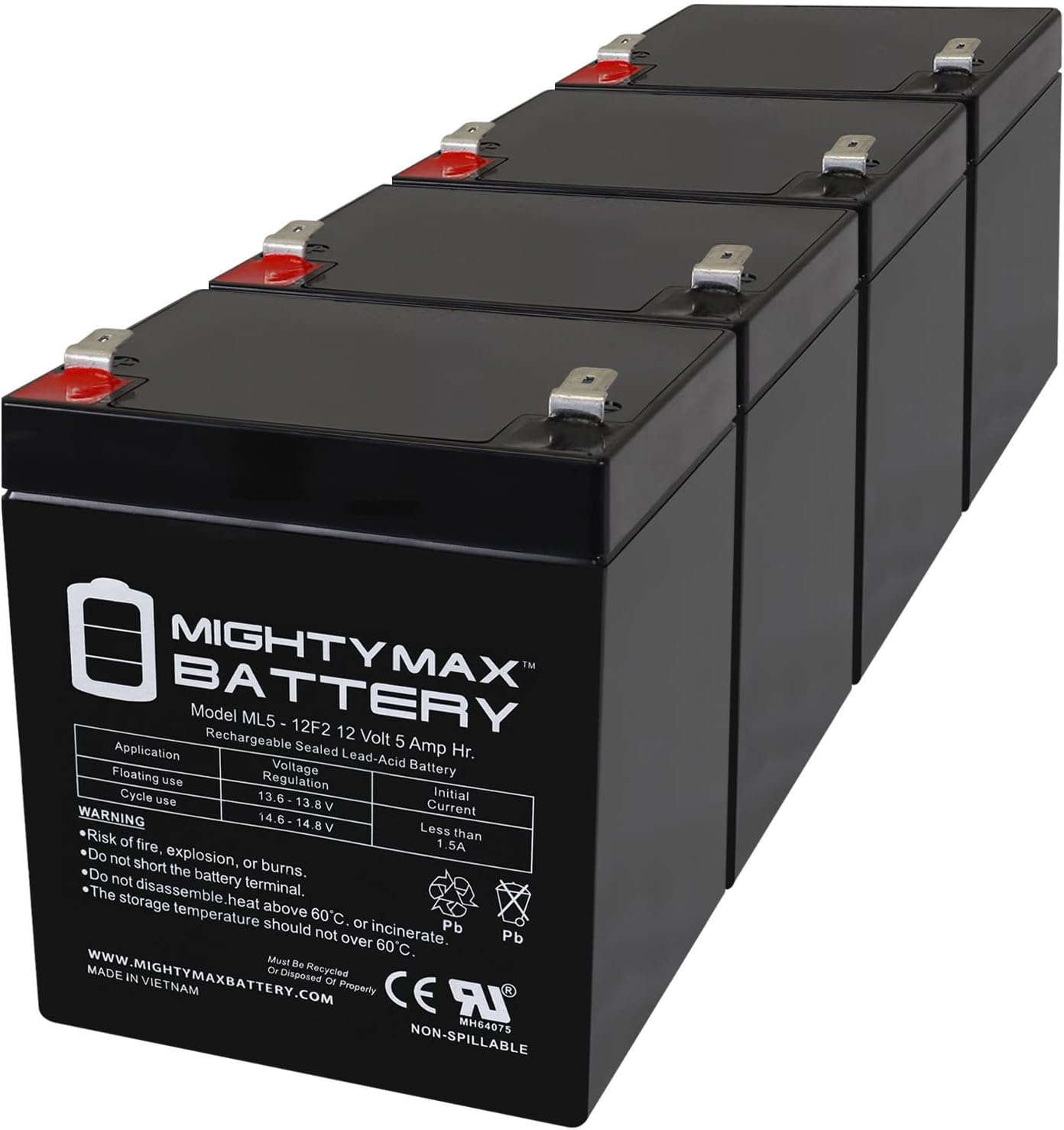 Mighty Max Battery ML5-12F2-12 Volt 5 AH, F2 Terminal, Rechargeable SLA AGM Battery - Pack of 4