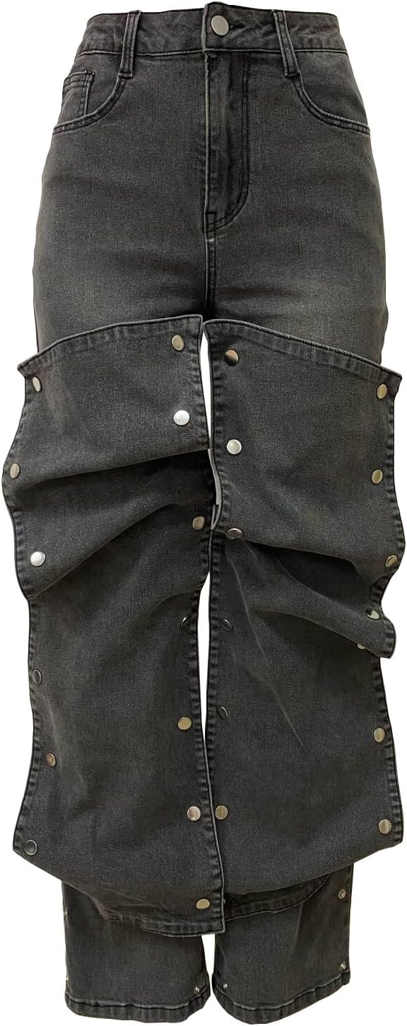 Voghtic Womens y2k Detachable Patchwork Irregular Boyfriend Cargo Jeans High Waisted Straight Leg Denim Pants Streetwear - Image 5