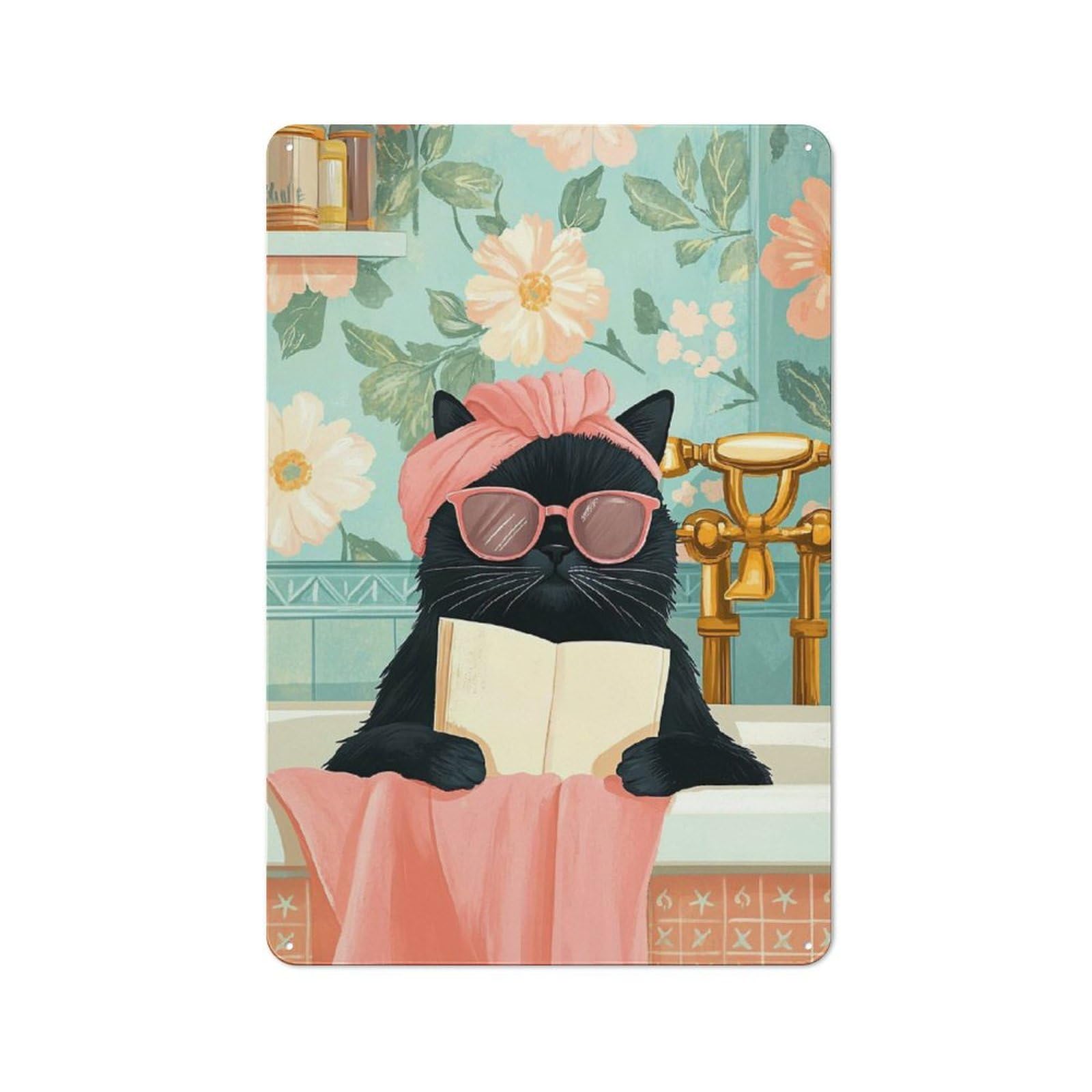 Tin Wall Plaque 30x20cm with Cat in A Bath with Book for Hallway Wall, Suited to Hallway Decor Lovers, for Retro Home Interiors