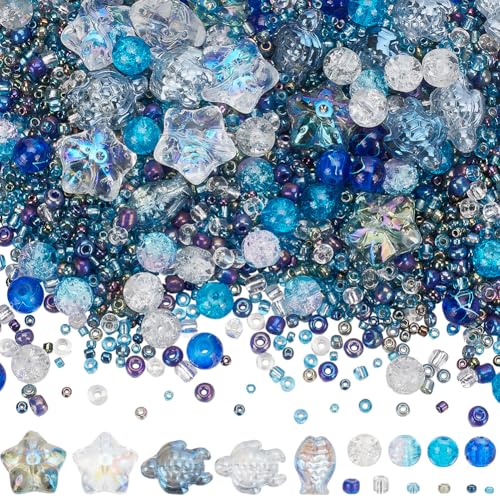 SUNNYCLUE 1 Box 3000+Pcs Starfish Beads Bulk Ocean Themed Beads Blue Sea Turtle Bead Glass Ocean Beads Summer Hawaii Beach Beads Glass Spacer Beads for jewellery Making DIY Bracelet Earrings Necklace