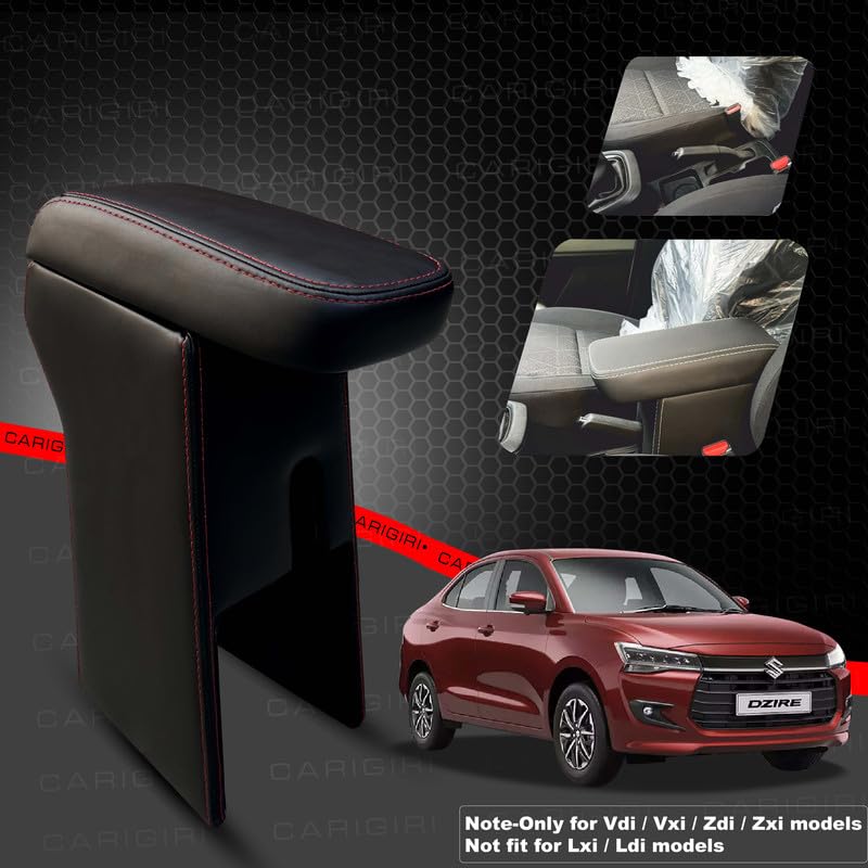 Image of Carigiri Premium Finish Car Armrest with Storage Box And High Density Moulded Foam For Maruti Suzuki Dzire (Models-2024,2025)(ONLY FOR VXI,VDI /ZXI,ZDI /ZXI+ MODELS) (Red Seam,Nappa Leatherette)