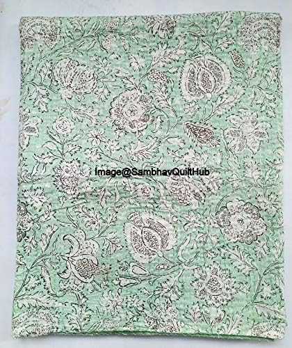 Green Handblock Floral Print Handmade Cotton Kantha Quilting Boho Bedding Throw Blanket Hippie Queen/King Size Bohemian Block Kantha Quilt (90X108 inches (Double/Queen))