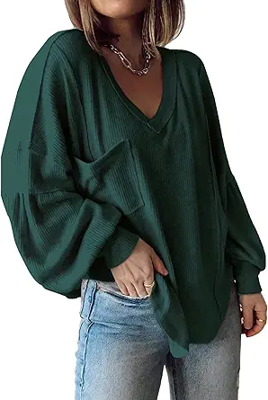 BTFBM Women's Casual V Neck Ribbed Knitted Shirts Pullover Tunic Tops Loose Balloon Sleeve Solid Color Blouses Top