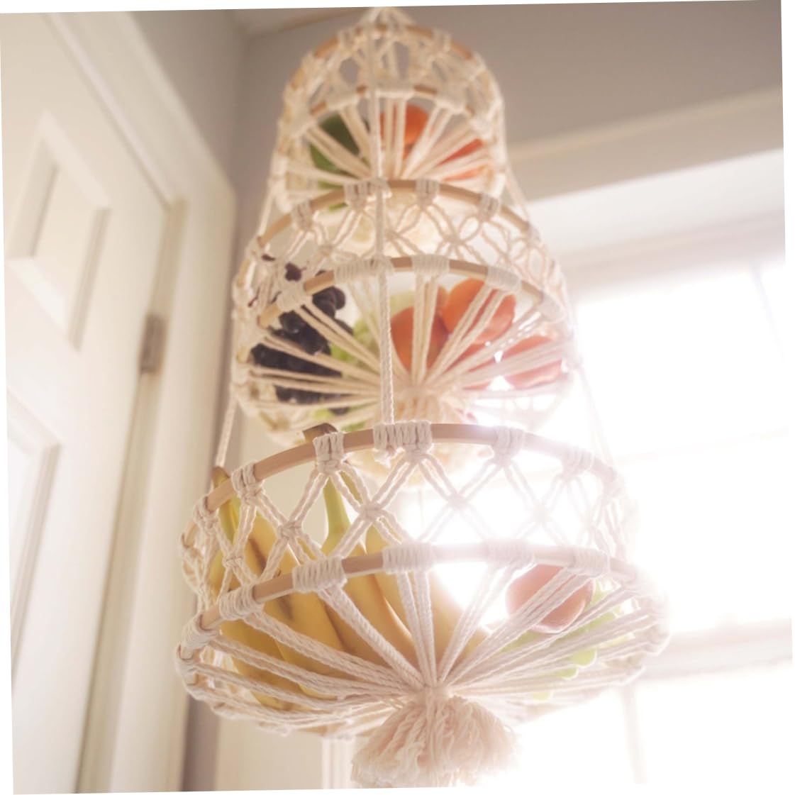 3 Tier Hanging Fruit Hammock Woven Woven Fruit Basket Hanging Wall Storage Basket For Kitchen Organiser