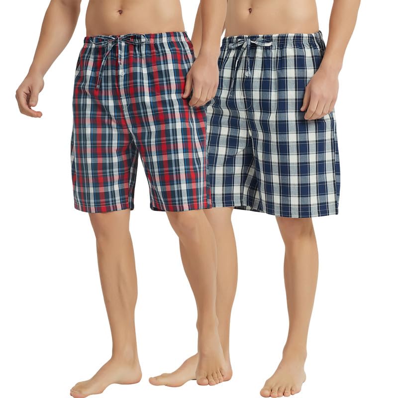 Vulcanodon 2 Pack Men's Cotton Pajama Shorts, Soft Woven Pajama Shorts for Men Plaid Pj Bottoms