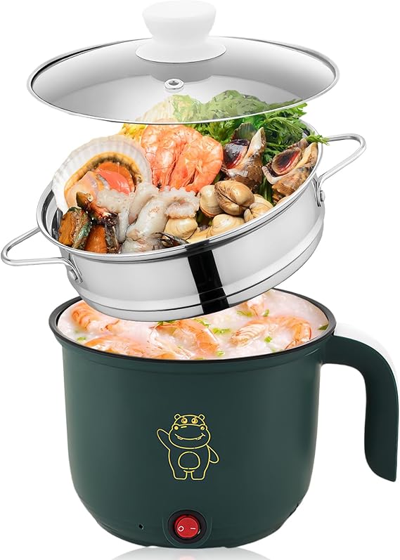 Electric Hot Pot 1.8 L, Portable Cooking Pot with Steamer, Mini Non
